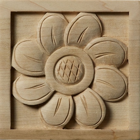 Ekena Millwork 3 1/2"W x 3 1/2"H x 3/4"P Medium Sunflower Square Rosette, Alder ROS03X03X01SFAL